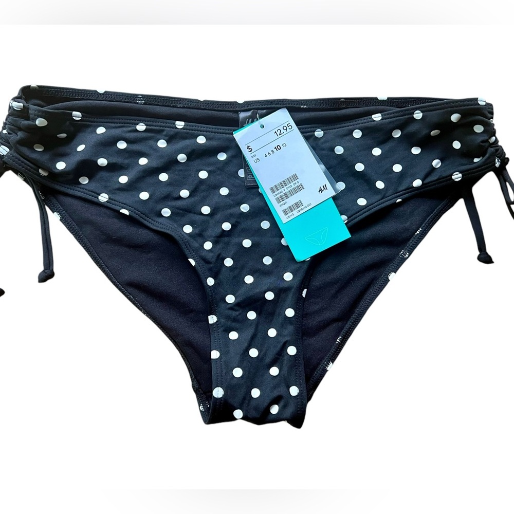 NWT - H&M Women’s Swim Briefs with Side Ruching - Size 10, Black w/ Polka Dots